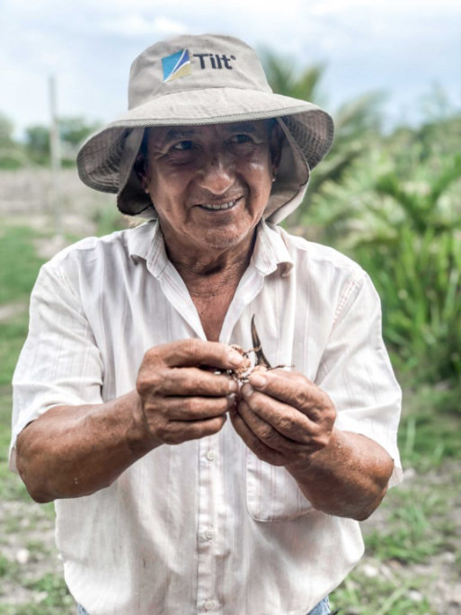 Photo of an Ecuadorian coffee farmer holding a piece of a coffee tree branch