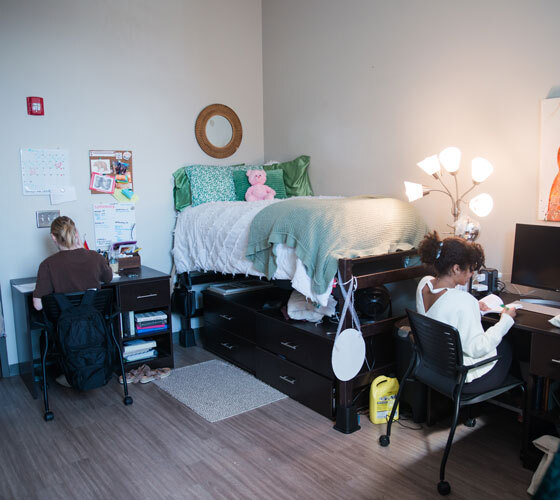 Two students working at their desks in their dorm