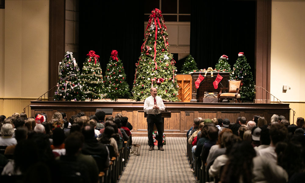 Dr.McMahan addressing students at 2025 Annual Christmas Tree Lighting